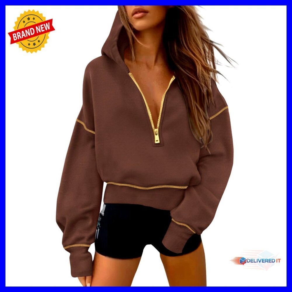 Half Zip Cropped Hoodie Fleece Lined Y2K Chic Oversized Pullover Sweatshirt